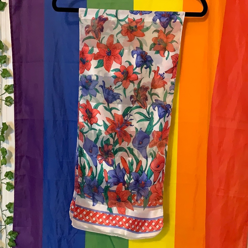 Lilies Floral Scarf White/Red/Blue/Green AS IS